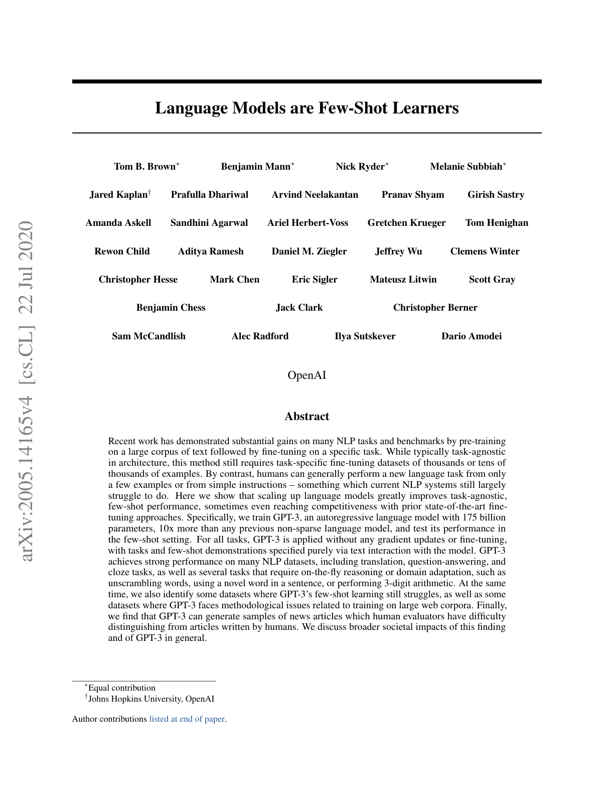 Page 1 of “Language Models are Few-Shot Learners” with the cited passage highlighted